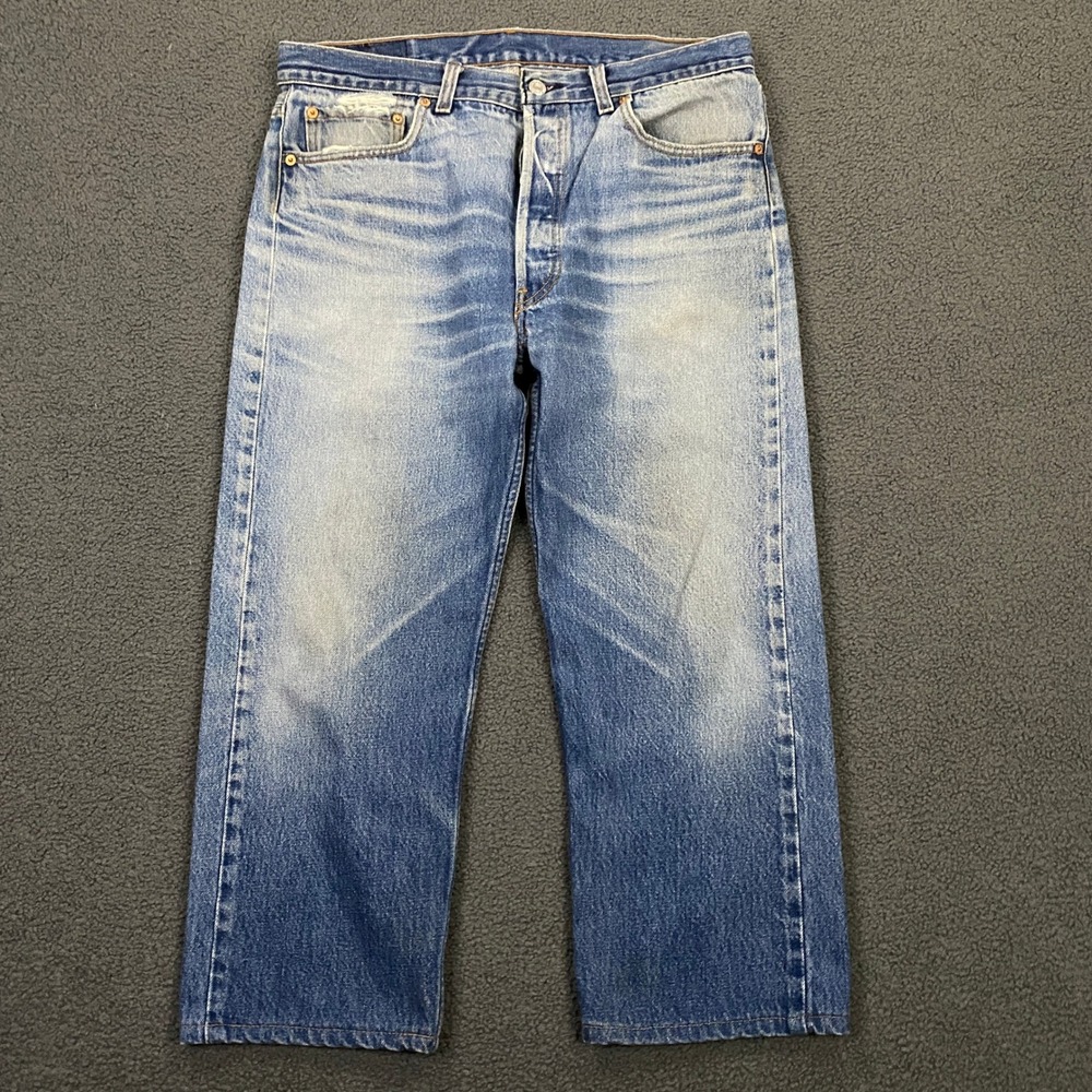 Vintage 90s Levis 501 Jeans Fits 33x24 USA Made Faded Whiskers Cropped Hemmed